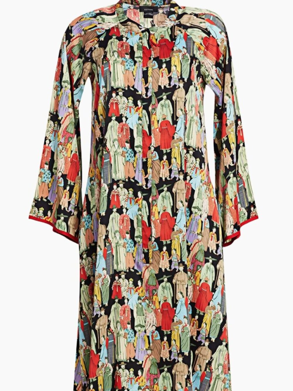 Natori Dynasty Zip Caftan Asian Figure Print Black Maxi Dress Robe